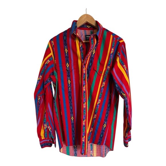 Vtg Wrangler Brush Popper Shirt Mens 16-35 Red Cowboy Cut X-tra Long Tails - Picture 1 of 4